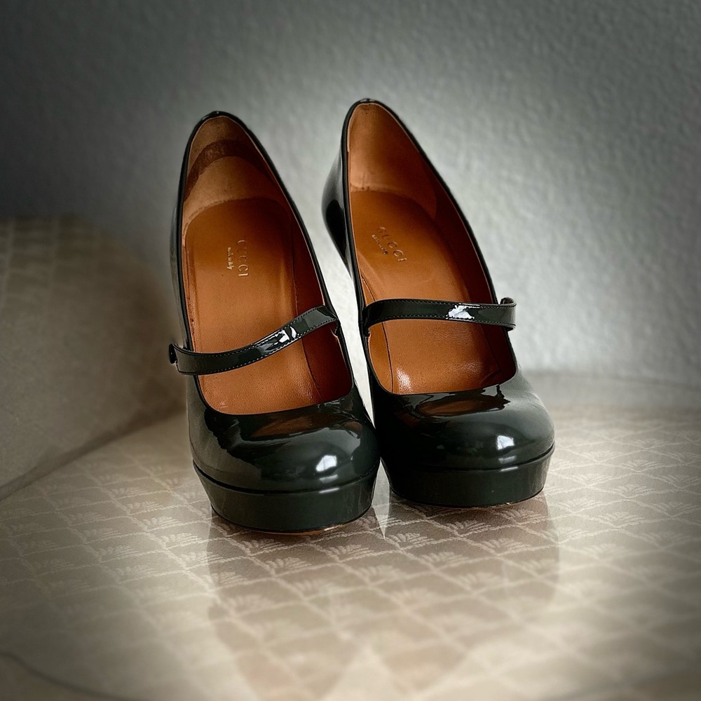 Patent Leather Pewter Gucci Stilettos.